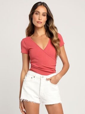 LULU'S All Day Fave Rusty Rose Ribbed Surplice Short Sleeve
Bodysuit
